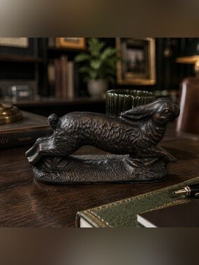 Vintage Rabbit Hare Figural Pen Tray Bronze Tone Cast Metal 7” Cottagecore